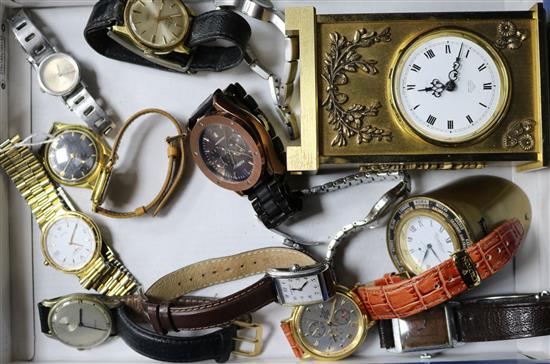 Twelve assorted wrist watches including Longines, Raymond Weil and Helvetia, a carriage clock and travelling World clock.